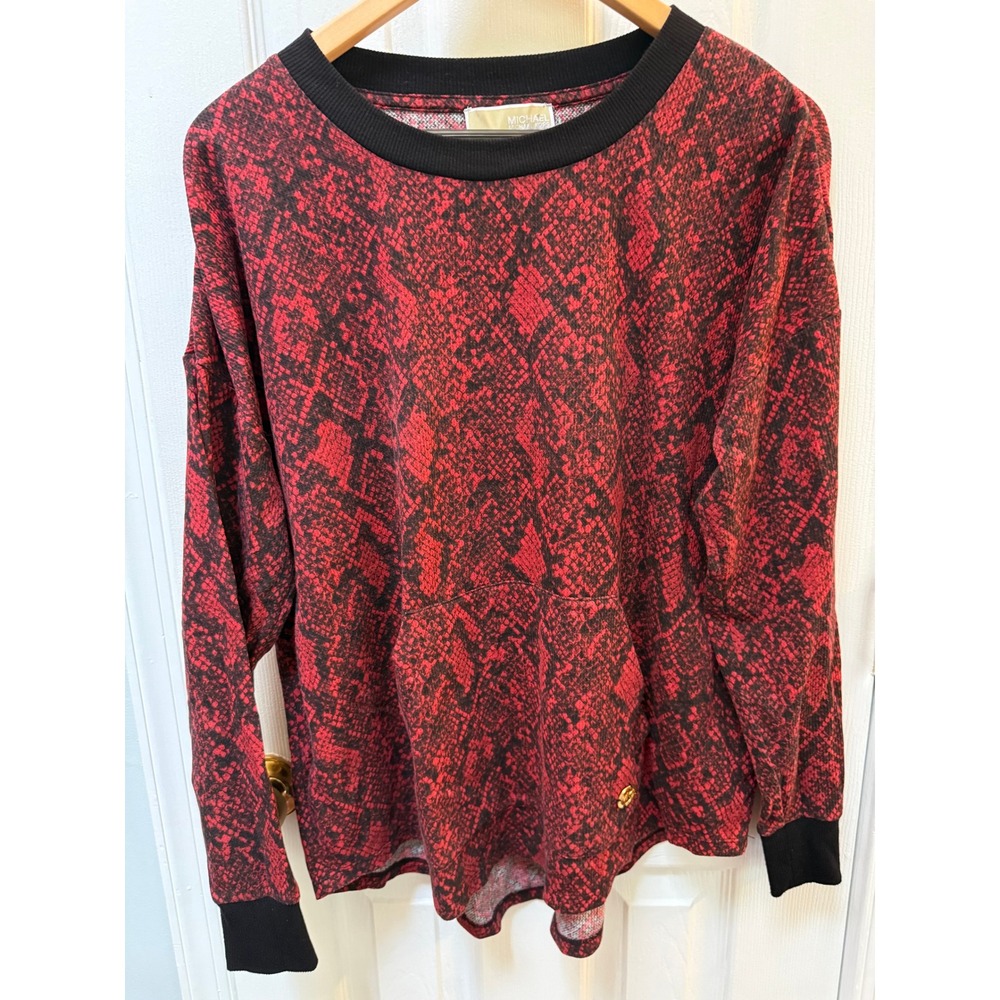 MICHAEL Michael Kors Snake Print Thermal Top Women L Red Black Kangaroo Pocket